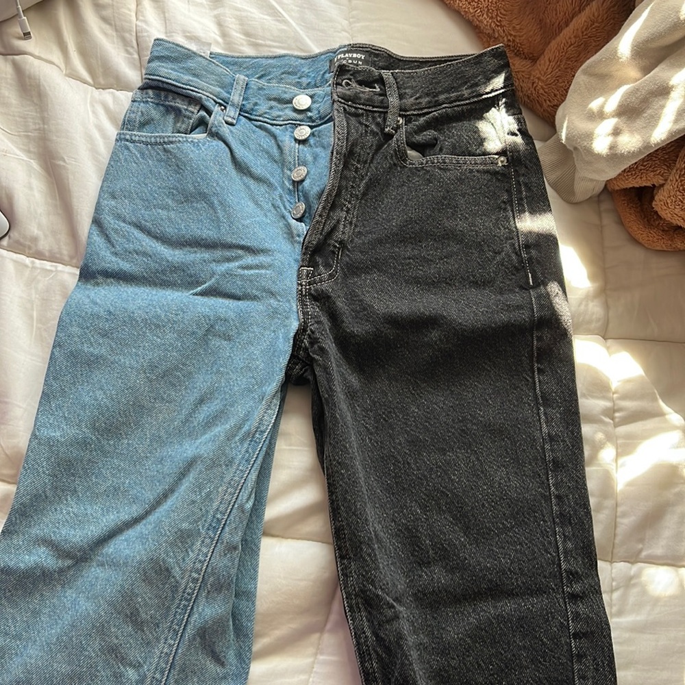 Half Black Half Blue Playboy Denim Jeans In Size 24